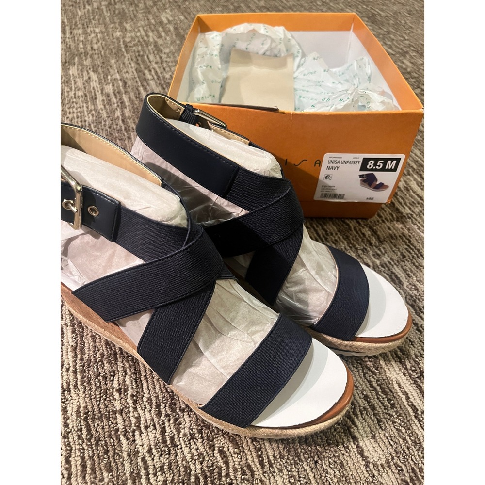 Unisa Unpaisey Navy Wedge Sandals Espadrille Platform Buckle Ankle Strap 8.5 M